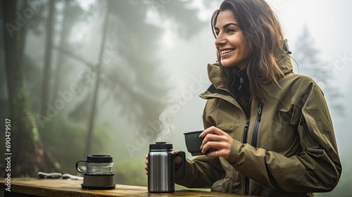 Happiness is being alone with yourself. Cheerful Caucasian woman enjoys a morning cup of coffee near her tent, alone with nature. The breath of the morning foggy forest. photo