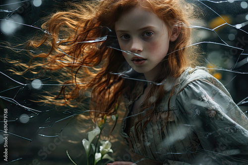 the girl is sitting in a bathroom showing smashed broken glass