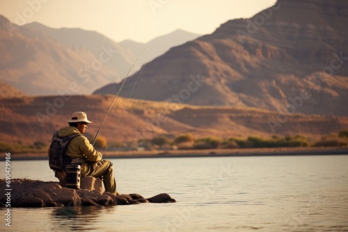 A person fishing in the calm waters of a valley as the evening sky glows above