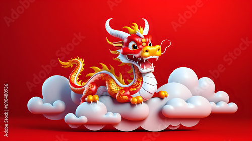 Happy Chinese New Year 2024 festival. Dragon on cloud with elements traditional of china. copy space. 3D style © Nittaya