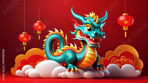 Happy Lunar New Year 2024 festival. Dragon on cloud with elements traditional of china. copy space. 3D style. © Nittaya