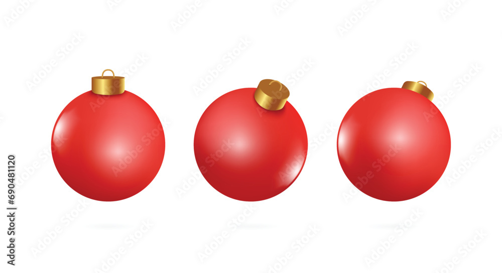Red shiny Christmas or New Year decoration balls 3 perspectives on white background for Christmas advertising design Red shiny Christmas or New Year decoration balls 3 perspectives on white background for Christmas advertising design