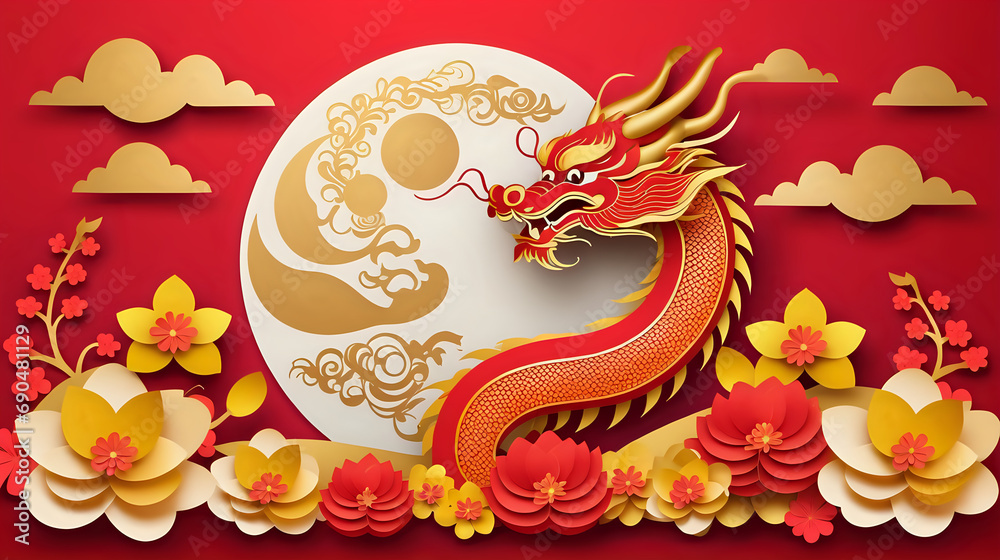 Chinese dragon with flowers frame background. Lunar new year. paper cut style Chinese dragon with flowers frame background. Lunar new year. paper cut style
