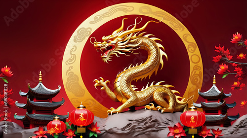 Chinese gold dragon with traditional castle. Chinese new year 2024. Copy space.