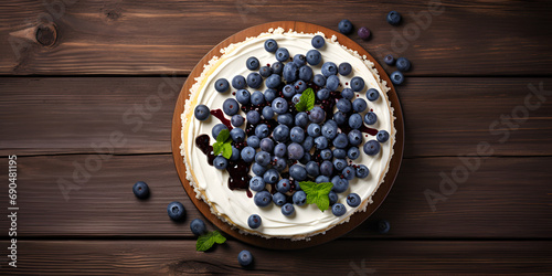 Rustic Blueberries Image Blueberry cheesecake with green leaves Cottage cheese pie with blackberry and blueberry stock photo on wooden table background Ai Generative