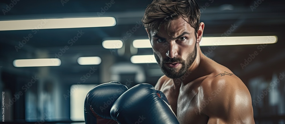 Male athlete training in a gym for a boxing match, practicing punches and workouts.