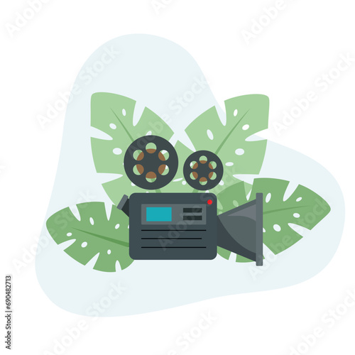 Video Camera flat design vector Illustration Icon decorated with leaves for web use for cinematographic, video, recording, camera