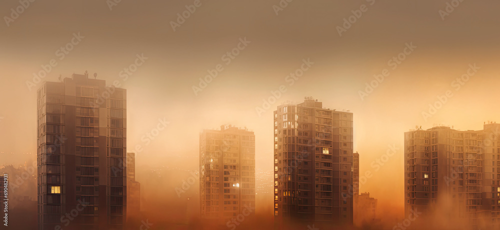 A city surrounded by three residential buildings with a fogfilled sky AI Generated A city surrounded by three residential buildings with a fogfilled sky AI Generated