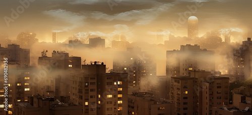 A city surrounded by three residential buildings with a fogfilled sky AI Generated photo