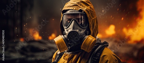 Man in a toxic mask, engineer with dangerous chemicals in a hazardous area.