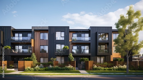 Appearance of residential architecture. Modern modular private townhouses. Residential minimalist architecture exterior. A very modern neighborhood, late afternoon or morning shot.