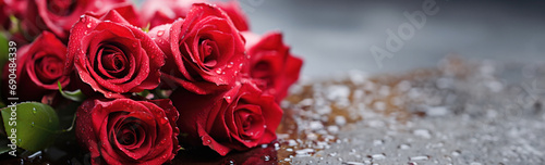 Dozen crisp red roses lying on side with dew drops