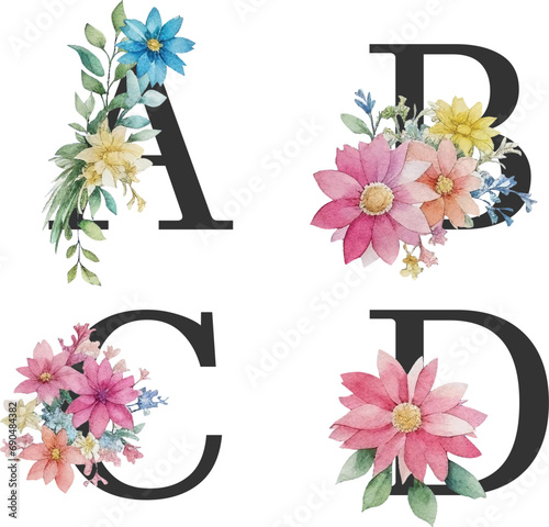 ABCD watercolor floral decorated clipart design