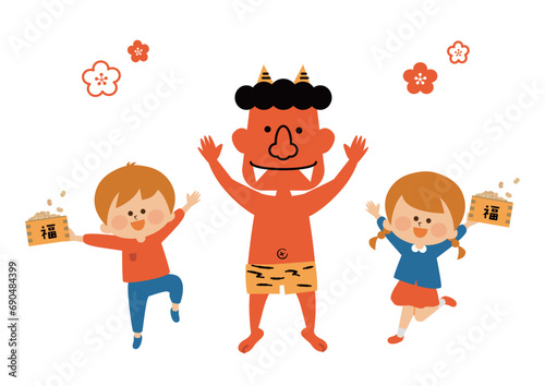 節分　鬼と子供達のイラスト素材