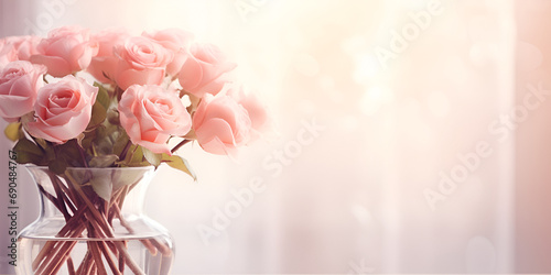 A vase of pink roses with water and a white background Elegant Pink Roses in Crystal Clear Vase 