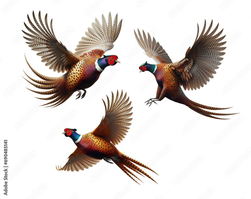 A set of Ring-necked Pheasants flying isolated on a transparent background - obrazy, fototapety, plakaty 