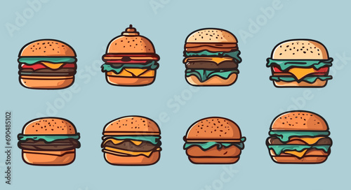 Hamburger illustrations. set of hamburger illustrations. hamburger flat illustration. fast food element flat design illustration. Hamburger flat design. Delicious hamburger. burger.