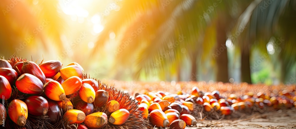 Image of newly harvested oil palm fruits in plantation. Palm oil, a nutritious oil, is a vital energy source derived from the fruit. - obrazy, fototapety, plakaty 