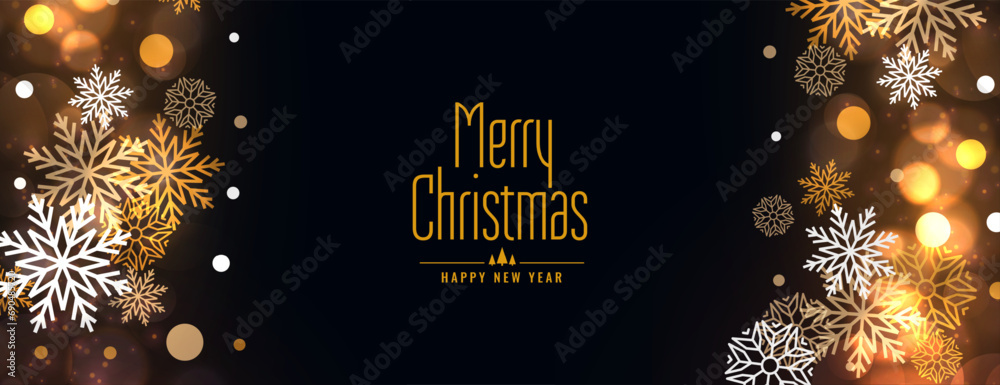 merry christmas celebration banner with snowflakes and bokeh effect - obrazy, fototapety, plakaty 