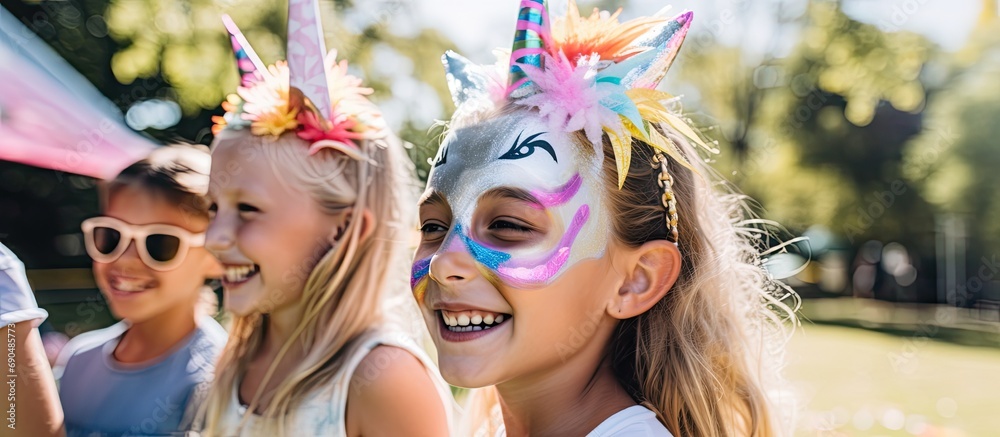 Kids engaging in creative activities with a painter at a birthday party, getting a unicorn face painting. - obrazy, fototapety, plakaty 