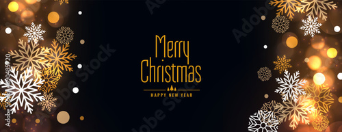 merry christmas celebration banner with snowflakes and bokeh effect photo