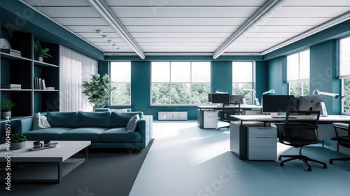 cubical office space with blue and white tiled floors and open windows  AI Generated