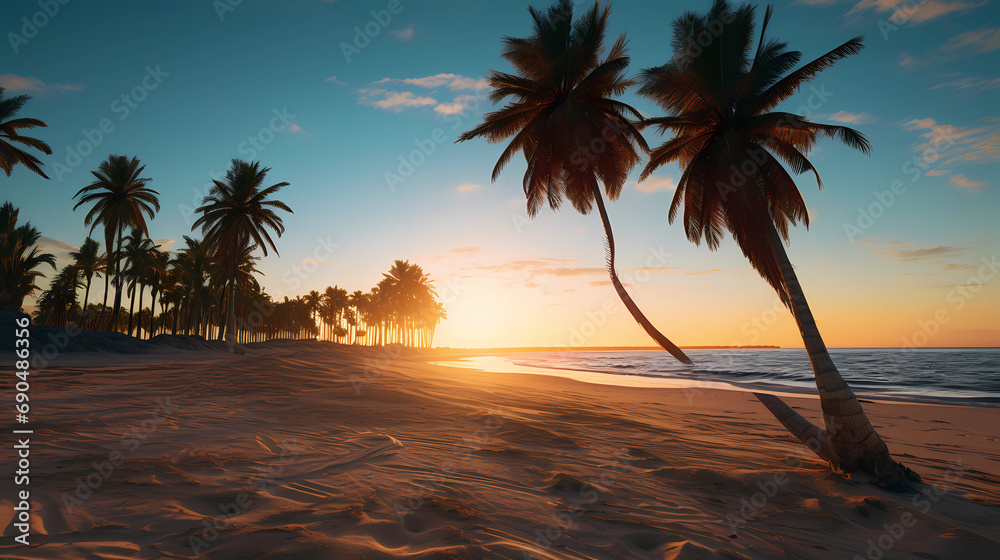 Palm trees on the golden sand as the sun sets