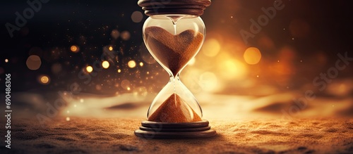 Hourglass creates heart shape with falling sand. photo