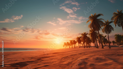 Palm trees on the golden sand as the sun sets © ginstudio