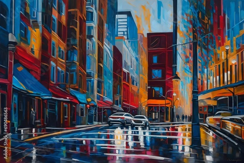 Expressive painting of Montreal cityscape in a dreamy atmosphere, portraying dynamic street life, diverse architecture, and the city's unique energy