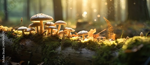Forest mushroom collection with sunlight filtering through trees. photo