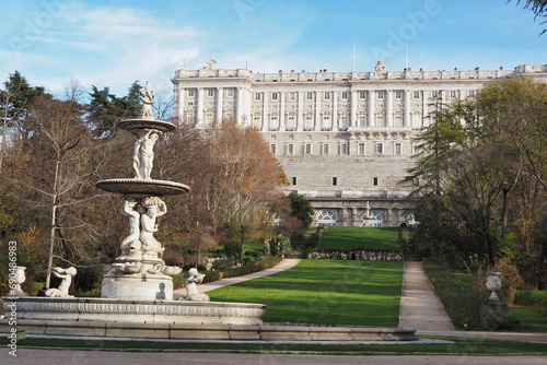Gardens of Campo del Moro with the royal palace of Madrid in the background