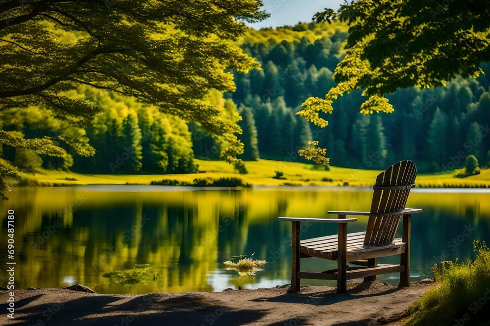 Inviting stock photo capturing the essence of Vermont's summer, featuring a serene lake scene with a comfortable seat immersed in the water, the horizon stretching with picturesque views