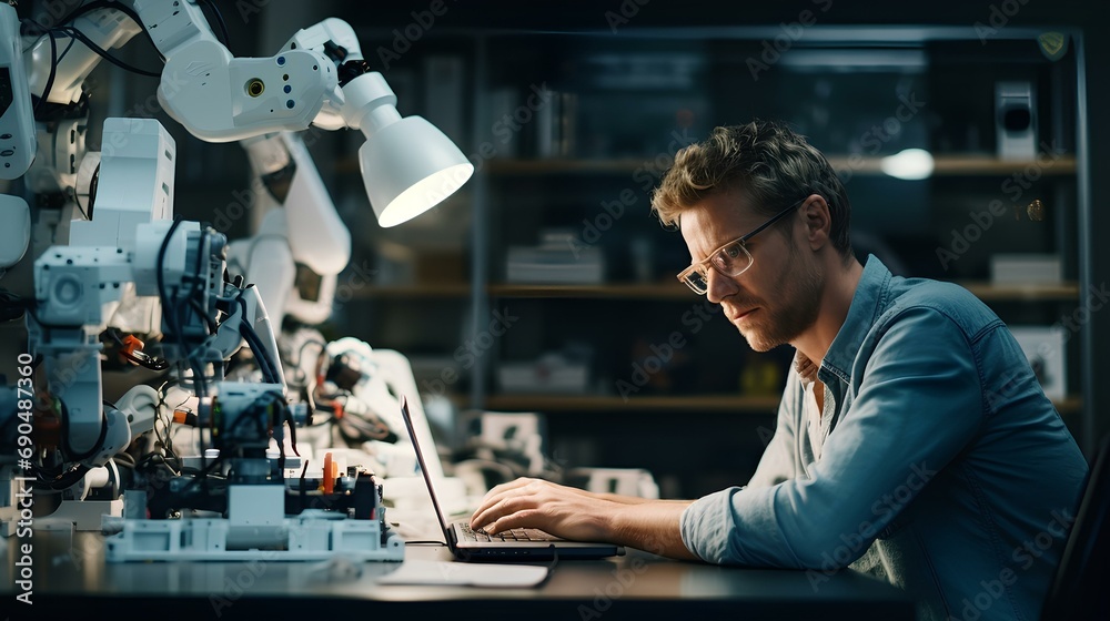 A robotic engineer programming a state-of-the-art AI robot. His workspace is filled with advanced technology and robot parts. generative AI A robotic engineer programming a state-of-the-art AI robot. His workspace is filled with advanced technology and robot parts. generative AI