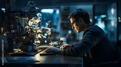 A robotic engineer programming a state-of-the-art AI robot. His workspace is filled with advanced technology and robot parts. generative AI photo