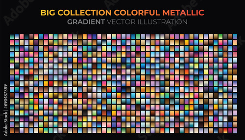 Mega set of gradients. Big collection colorful metallic gradient illustration. Gold, silver, sky, sea, coffee, coral, holographic, azure, bronze and ui gradients collection.