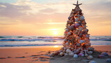 Twilight sea shells christmas tree on the beach
