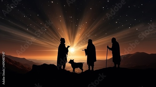 Silhouettes of shepherds with goat looking into sky at Bethlehem star at night thick darkness in middle of desert. Bethlehem star rises high in sky. Attention of shepherds riveted to Bethlehem star