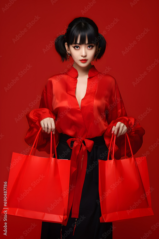 Woman wearing Chinese costume with shopping bags on New Year's Day Woman wearing Chinese costume with shopping bags on New Year's Day
