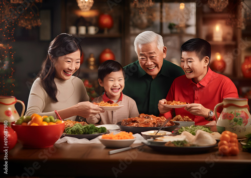 Chinese family celebrating Chinese new year. Christmas concept.