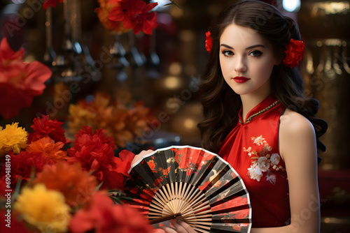 Beautiful Asian woman in traditional Chinese dress with colorful make up holding fan in oriental style