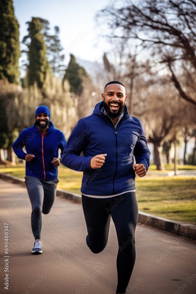 Obraz premium Positive African American male friends run together across autumn park in morning. Healthy friends exercise jogging along city garden road. Active men trains developing body endurance outdoors