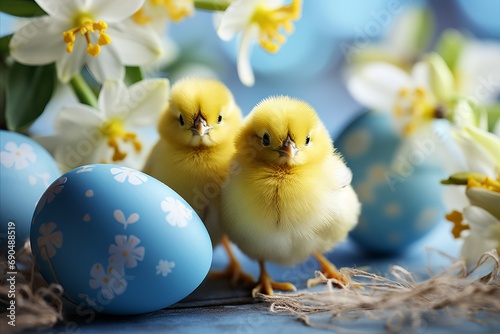 Photo Blue easter eggs and chicks