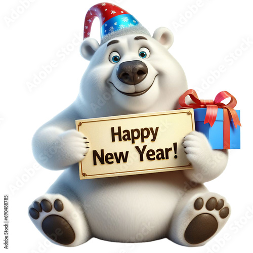 Cute Animal 3D Polar Bear Holding 'Happy New Year' Board and Wearing Party Cap Cartoon: Isolated on Transparent Background - Clipart PNG Sticker Design