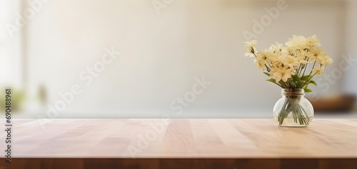Modern wooden table with empty display space. Abstract and elegant background ideal for showcasing products or creating minimalist atmosphere in any interior setting photo