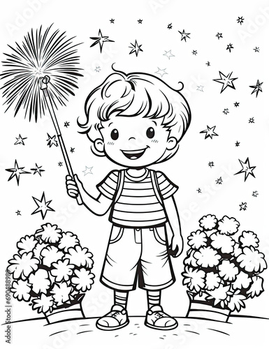 Happy independence day of america, kids coloring page, simple, black and white, no shading, white background