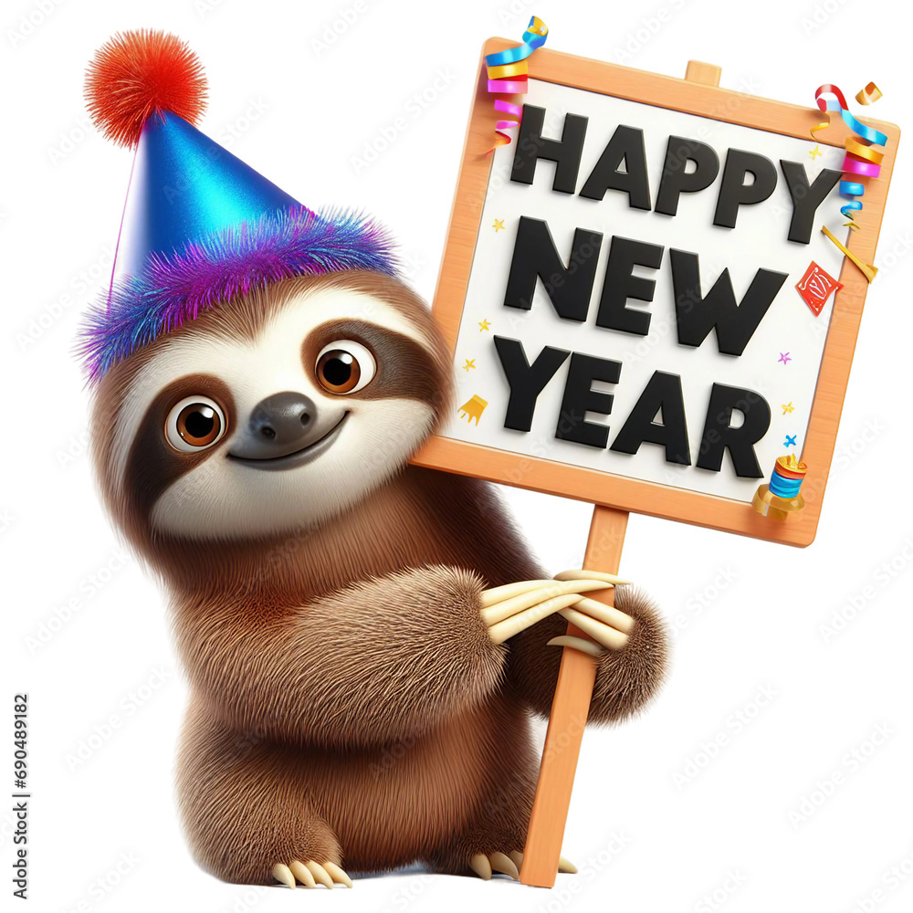 Cute Animal 3D Sloth Holding 'Happy New Year' Board and Wearing Party