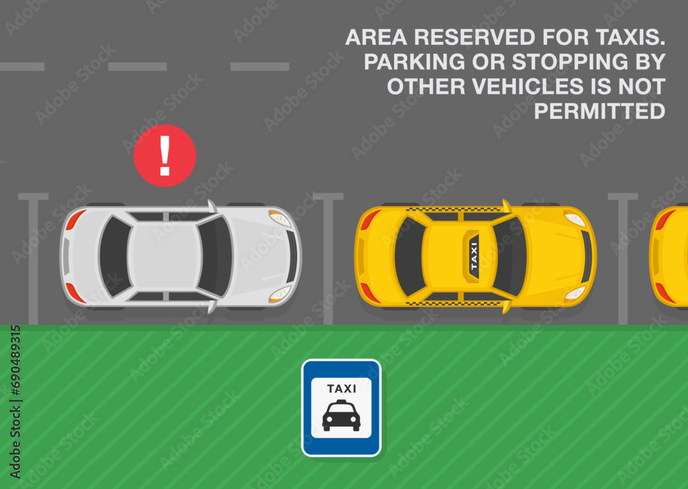 Safe driving tips and traffic regulation rules. Taxi parking area rule. Top view of correct and incorrect roadside parked cars. Flat vector illustration template.