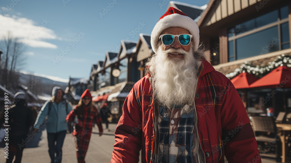 Santa - mountain ski resort - Christmas - winter - stylish clothing - ski fashion - sunglasses - extreme blue sky