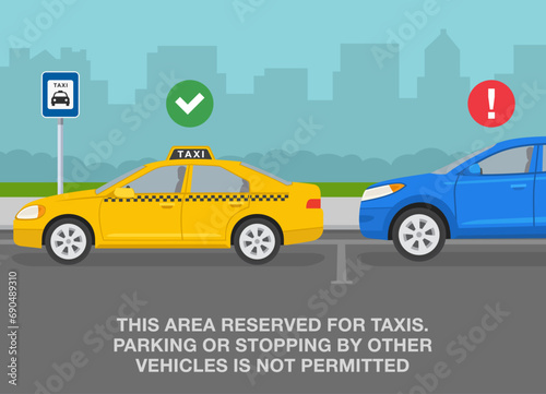 Safe driving tips and traffic regulation rules. Taxi parking area rule. Side view of correct and incorrect parallel parked vehicles. Flat vector illustration template.